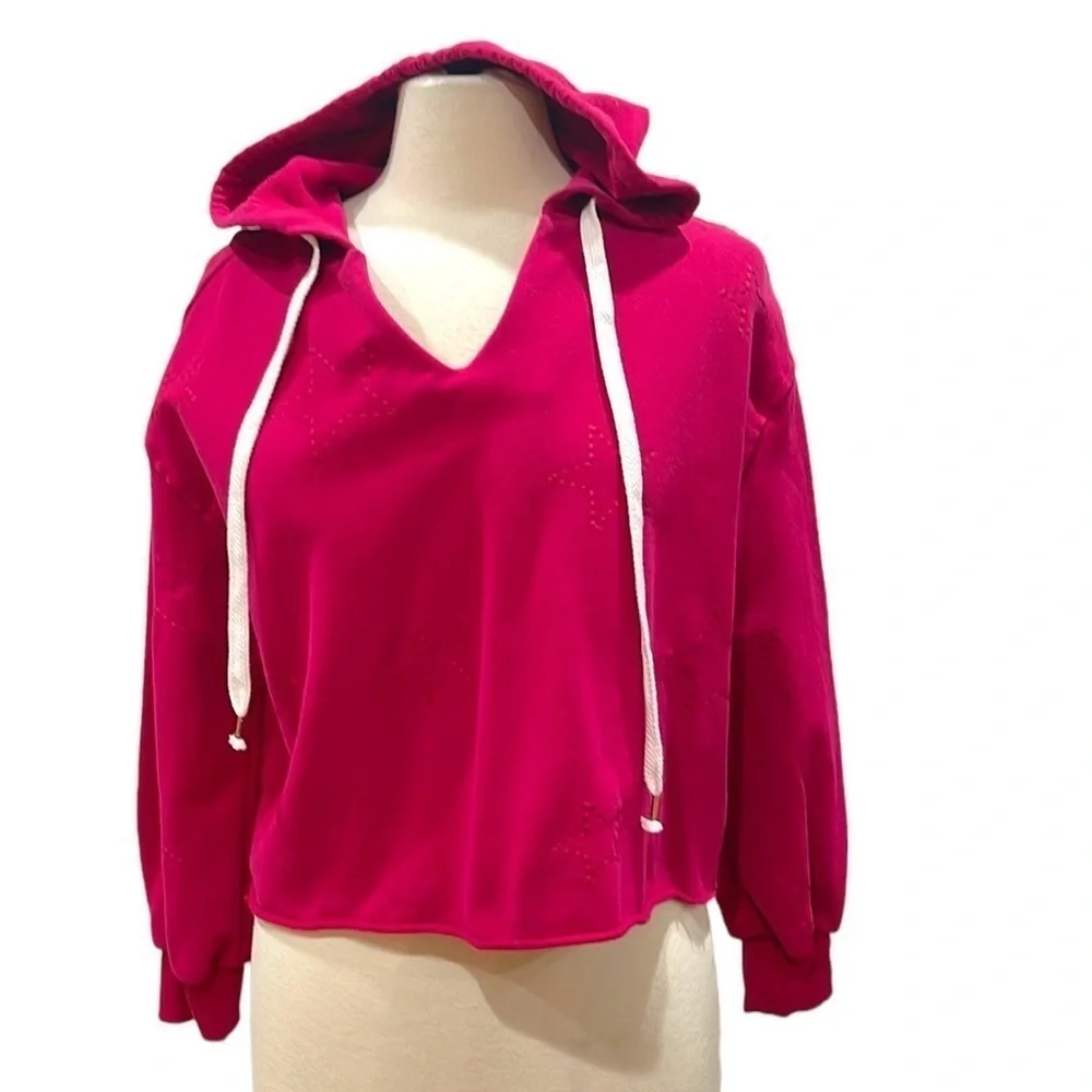 ANTHROPOLOGIE Saturday Sunday Crop Star Embroidered Hoodie‎ Raspberry Pink SZ XS - Picture 3 of 9